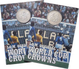 Isla de Man. 1982. Isabel II. 1 corona. Mundial de Fútbol - España '82. Lote de 2 monedas en expositor oficial. AG. Proof.