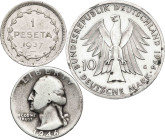 Lote de 3 monedas, dos en plata: 1 peseta de Euzkadi 1937, 1/4 de dólar de Estados Unidos 1946 y 10 marcos de Alemania 1994. BC/EBC.