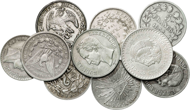 Lote de 10 monedas tamaño duro de diversos países, todas en plata. A examinar. M...