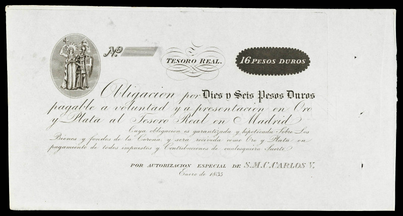 1835. Tesoro Real. 16 pesos duros. (Ed. 19). Enero. Sello en seco. Tres taladros...