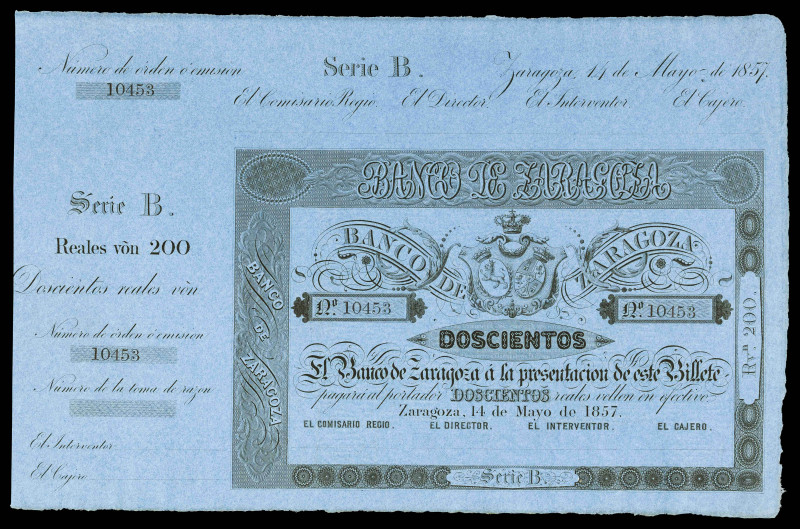 1857. Banco de Zaragoza. 200 reales de vellón. (Ed. 127B). 14 de mayo. Serie B. ...