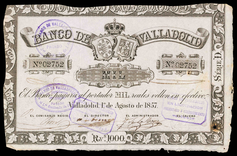 1857. Banco de Valladolid. 1000 reales de vellón. (Ed. 134). 1 de agosto. Serie ...