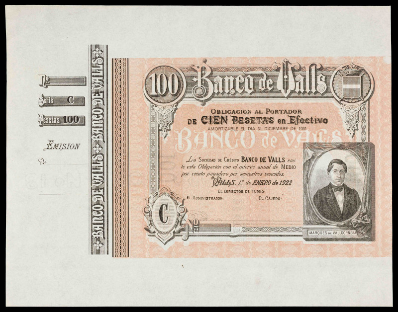 1922. Banco de Valls. 100 pesetas. 1 de enero, Marqués de Vallgornera. Serie C. ...