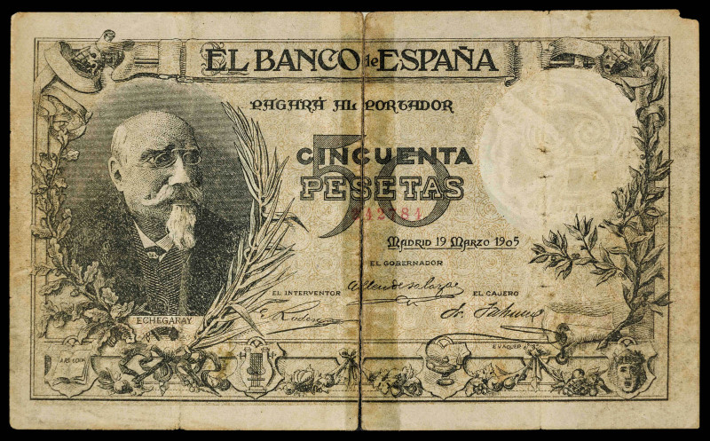 1905. 50 pesetas. (Ed. 312F). 19 de marzo, Echegaray. Falso de época. Roto y peg...