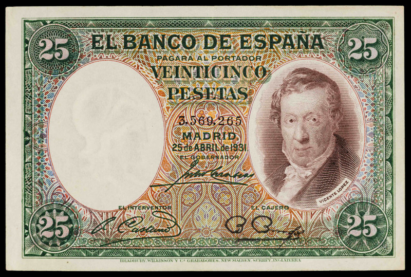 1931. 25 pesetas. (Ed. 358). 25 de abril, Vicente López. Sin serie. MBC.