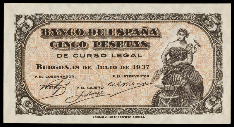 1937. Burgos. 5 pesetas. (Ed. 424a). 18 de julio. Serie B. Esquinas rozadas. Apr...