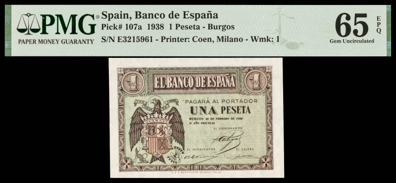 1938. Burgos. 1 peseta. (Ed. 427a). 28 de febrero. Serie E. Certificado por PMG ...