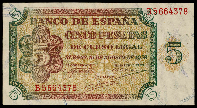 1938. Burgos. 5 pesetas. (Ed. 435a). 10 de agosto, serie B. S/C-.