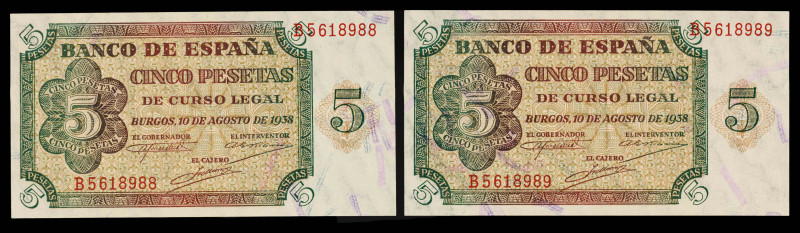 1938. Burgos. 5 pesetas. (Ed. 435a). 10 de agosto. Pareja correlativa, serie B. ...