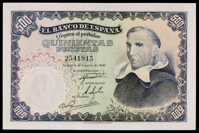 1946. 500 pesetas. (Ed. 452). 19 de febrero. Padre Vitoria. Leve doblez. Extraor...