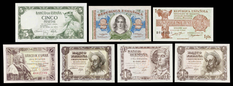 1937 a 1954. 1 (cinco), 2 y 5 pesetas. Lote de 7 billetes, casi todos de distint...