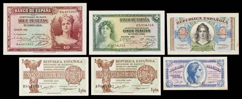 1935 a 1938. 50 céntimos, 1 (dos), 2, 5 y 10 pesetas. Lote de 6 billetes. Todos ...