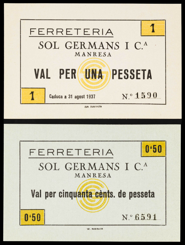 Manresa. Ferreteria Sol Germans i Cia. 50 céntimos y 1 peseta. (AL. 3173 y 3174)...