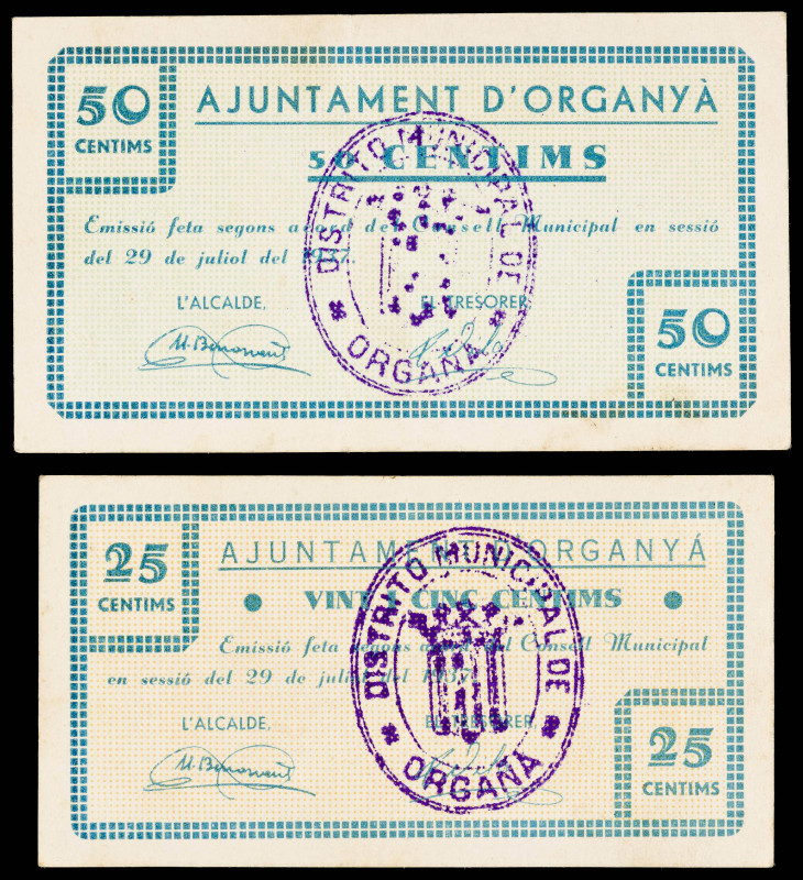 Organyà. 25 y 50 céntimos. (T. 1972 y 1973). 2 billetes. Raros. MBC/MBC+.