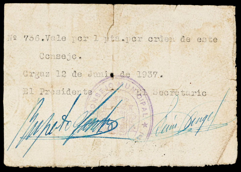 Orgaz (Toledo). Consejo Municipal. 1 peseta. (KG. falta) (RGH. 3976). Papel ofic...