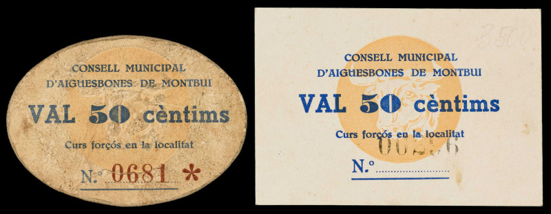 Aigüesbones de Montbui. 50 céntimos (dos). (T. 41 y 43). 2 cartones, uno ovalado...