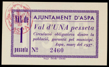 Aspa. 1 peseta. (T. 304b). Único billete emitido por esta localidad. EBC+.