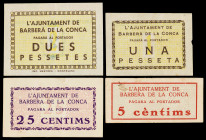 Barberà de la Conca. 5, 25 céntimos, 1 y 2 pesetas. (T. 365, 366, 367a y 368b). 4 billetes, 2 series completas. Raros. MBC+/EBC.