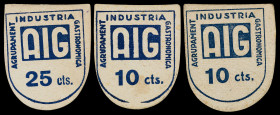 Barcelona. Agrupament Industria Gastronòmica AIG. 10 (dos) y 25 céntimos. (AL. 1226 y 1227) (RGH. 6534 y 6535). 3 cartones. EBC-/EBC.