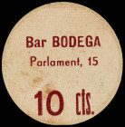 Barcelona. Bar Bodega. 10 céntimos. (AL. falta) (RGH. 6556, mismo ejemplar). Cartón redondo. Raro. MBC.