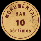 Barcelona. Bar Monumental. 10 céntimos. (AL. 1662) (RGH. 6581, mismo ejemplar). Cartón redondo. Raro. MBC+.