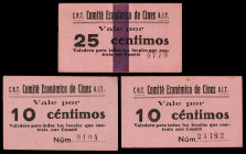 Barcelona. Comité Económico de Cines C.N.T.-A.I.T. 10 (dos) y 25 céntimos. (AL. 1151 y 1153) (RGH. 6667 y 6669). 3 cartones. EBC.