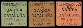 Barcelona. Ferrocarriles de Sarrià y Cataluña. 5, 10 y 25 céntimos. (AL. 1207 a 1209) (RGH. 6731 a 6733). 3 cartones, serie completa. MBC/MBC+.