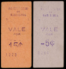 Barcelona. Ferrocarril Metropolitano Transversal. 5 y 15 céntimos. (AC. 1198 y 1199) (RGH. falta). 2 cartones, serie completa. MBC.