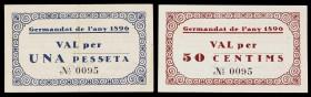 Barcelona. Germandat de l'any 1896. 50 céntimos y 1 peseta. (AL. falta) (RGH. 6741 y 6742). 2 billetes, serie completa con la misma numeración, nº 009...