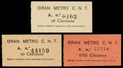 Barcelona. Gran Metro C.N.T. 5, 10 y 15 céntimos. (AL. 1194 a 1196) (RGH. 6743 a 6745). 3 billetes. MBC/MBC+.