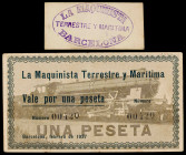Barcelona. La Maquinista Terrestre y Marítima. 10 céntimos y 1 peseta. (AL. 1433, mismo ejemplar y falta) (RGH. 6802 y falta). Un cartón y un billete,...