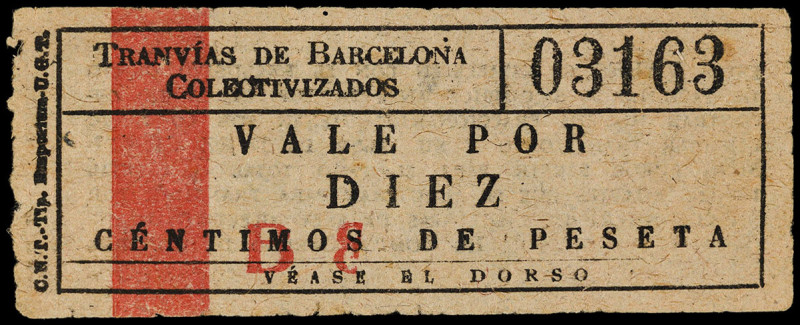 Barcelona. Tranvías de Barcelona Colectivizados. 10 céntimos. (AL. 1173) (RGH. 6...