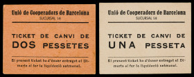 Barcelona. Unió de Cooperadors. Sucursal, 58. 1 y 2 pesetas. (AL. falta) (RGH. falta). 2 cartones. Raros. EBC.