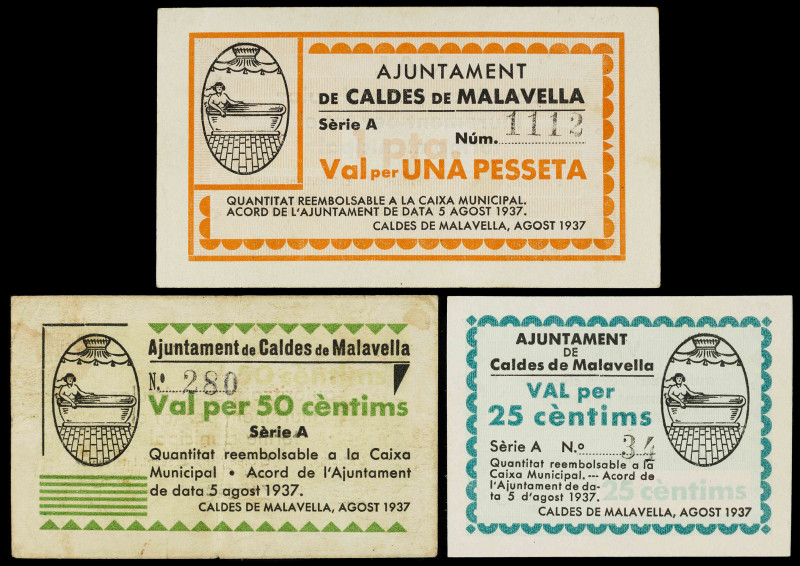 Caldes de Malavella. 25, 50 céntimos y 1 peseta. (T. 692 a 694). 3 billetes, tod...