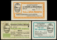Caldes de Malavella. 25, 50 céntimos y 1 peseta. (T. 692 a 694). 3 billetes, todos los de la localidad. El de 25 céntimos, nº 34. MBC-/EBC.