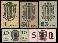 Capellades. 5, 10, 25, 50 céntimos y 1 peseta. (T. 770 a 772, 776 y 777). 5 cartones, 2 series completas. Los 25 céntimos, nº 53 y los 50 céntimos, nº...