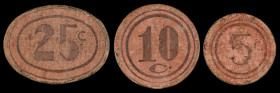 Castellar del Vallès. 5, 10 y 25 céntimos. (T. 809 a 811). 3 cartones, serie completa, dos redondos y uno ovalado. BC+/MBC+.