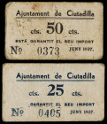 Ciutadilla. 25 y 50 céntimos. (T. 966b y 967a). 2 cartones. Raros. BC+/MBC-.