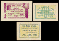 Constantí. 25, 50 céntimos y 1 peseta. (T. 1004 a 1006). 3 billetes, serie completa. Escasos. MBC/EBC.