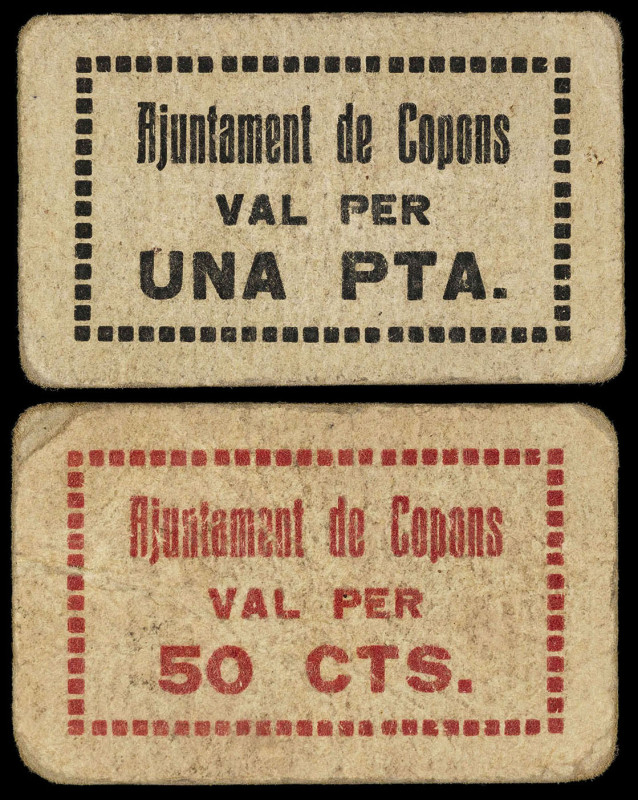 Copons. 50 céntimos y 1 peseta. (T. 1007 y 1008). 2 cartones, todos los de la lo...