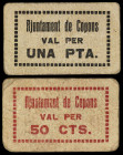Copons. 50 céntimos y 1 peseta. (T. 1007 y 1008). 2 cartones, todos los de la localidad. Raros. BC/MBC.
