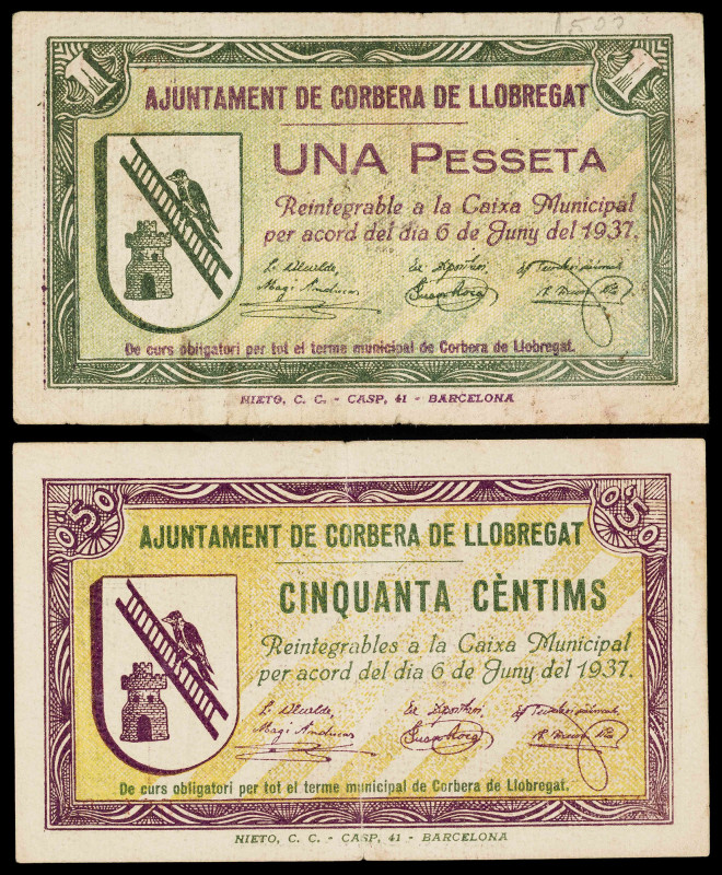 Corbera de Llobregat. 50 céntimos y 1 peseta. (T. 1009 y 1010). 2 billetes, todo...