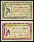 Corbera de Llobregat. 50 céntimos y 1 peseta. (T. 1009 y 1010). 2 billetes, todos los de la localidad. BC+/MBC-