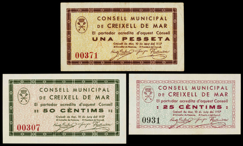 Creixell de Mar. 25, 50 céntimos y 1 peseta. (T. 1038 a 1040). 3 billetes, todos...