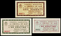 Creixell de Mar. 25, 50 céntimos y 1 peseta. (T. 1038 a 1040). 3 billetes, todos los de la localidad, los 50 céntimos nº 00307. MBC+/EBC.