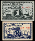 L'Escala. 50 céntimos y 1 peseta. (T. 1068c y 1069c). 2 billetes, todos los de la localidad. MBC/EBC.