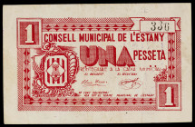 L'Estany. 1 peseta. (T. 1115a). Único billete emitido por esta localidad, nº 336. MBC-.