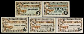 La Fuliola. 50 céntimos (tres) y 1 peseta (dos). (T. 1239, 1239b y 1240). 5 billetes, 2 series completas. Escasos. BC+/EBC.
