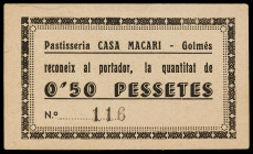 Golmés. Pastisseria Casa Macari. 50 céntimos. (AL. 3427). Cartón nº 116. EBC.