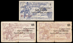 Guardiola de Berga. 25 céntimos (dos) y 1 peseta. (T. 1378 y 1382). 3 billetes. BC-/BC+.